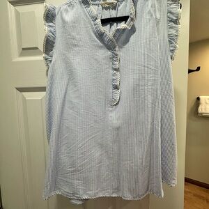 Blue Ruffled Sleeveless Blouse with Mandarin Collar